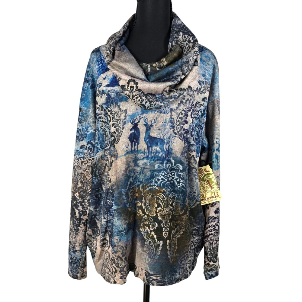 One World Womens Blue Damask Deer Print Cowl Neck Tunic Top Pockets Large NWT